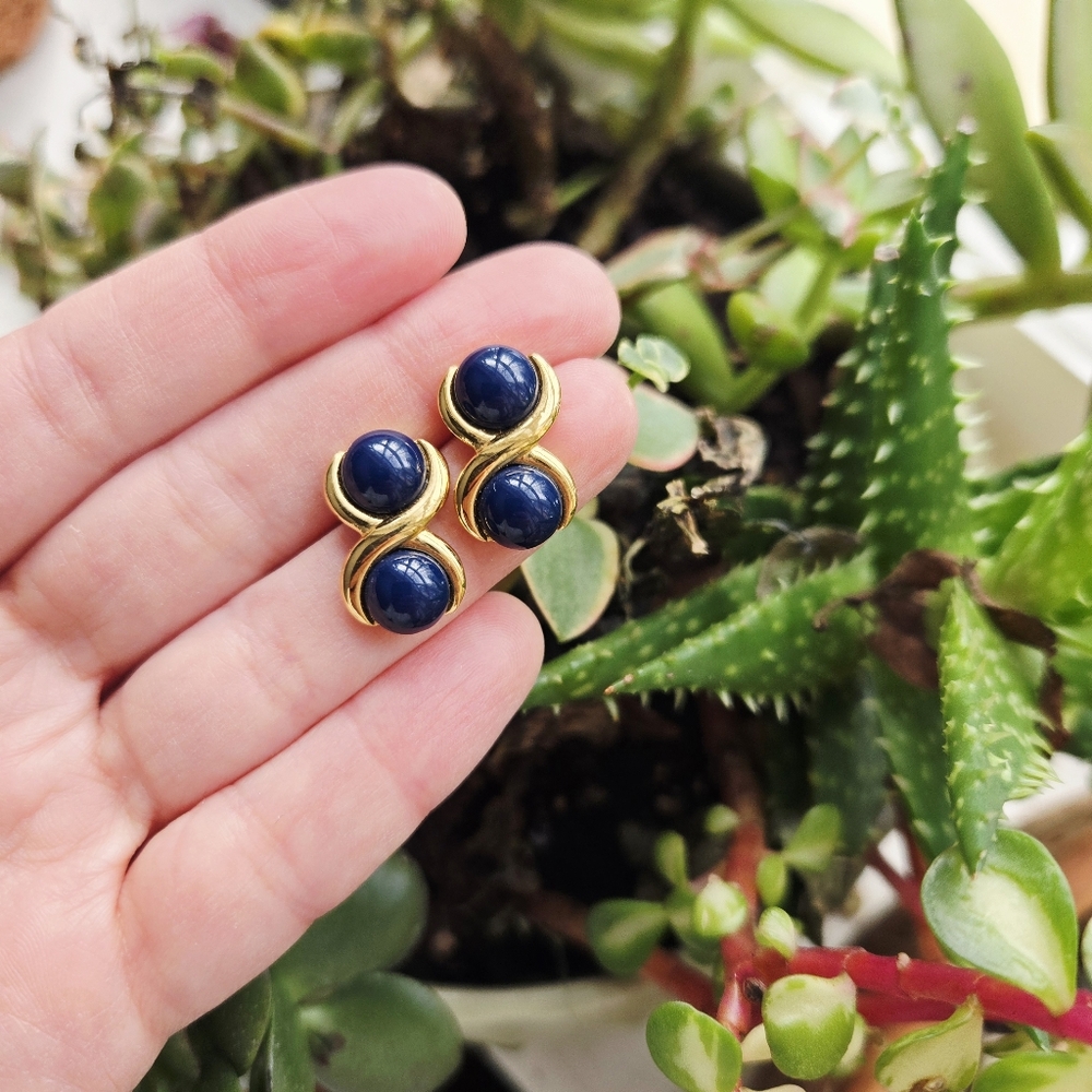 Vintage Napier Navy Blue & Gold Stud Earrings